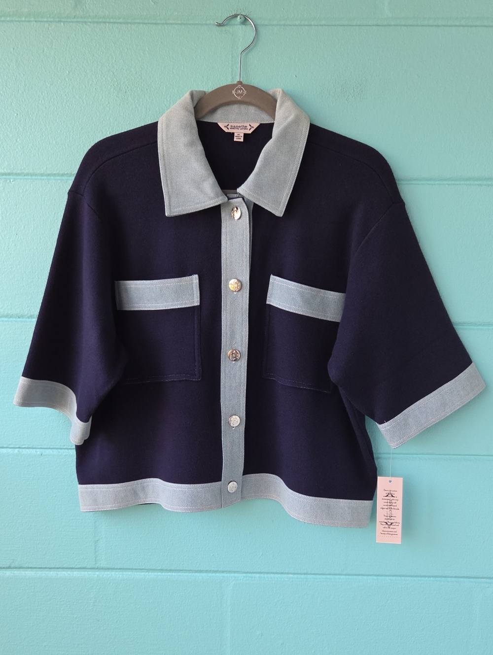NWT " Nanette Lepore" Denim Trim Cropped Cardigan Woman's Size Large or X-Large - Picture 3 of 8